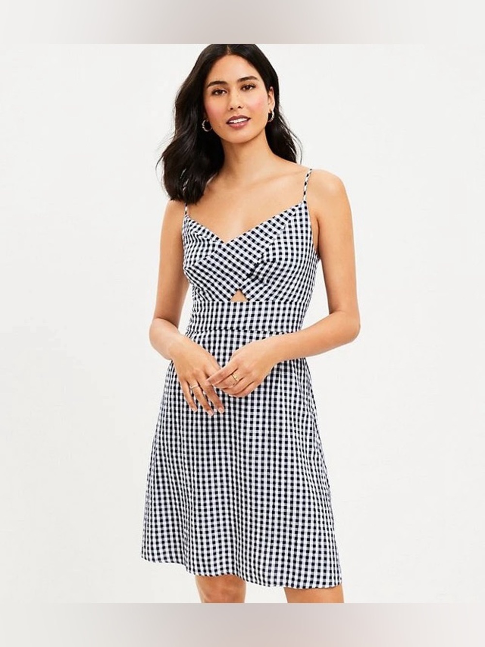 LOFT Gingham Twist Cutout Cami Dress color: deep space blue